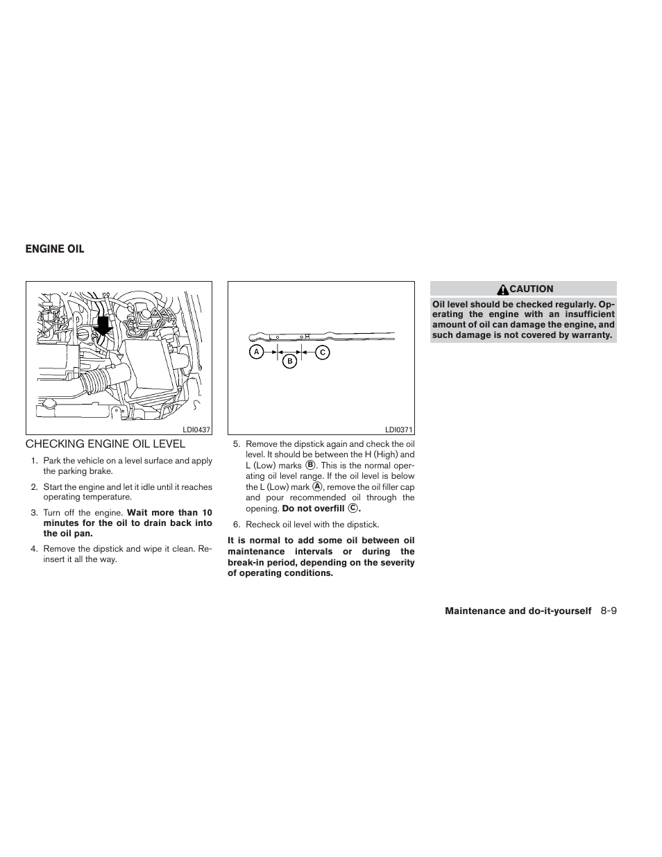 Engine oil -9, Checking engine oil level -9 | NISSAN 2012 Xterra - Owner's Manual User Manual | Page 268 / 341