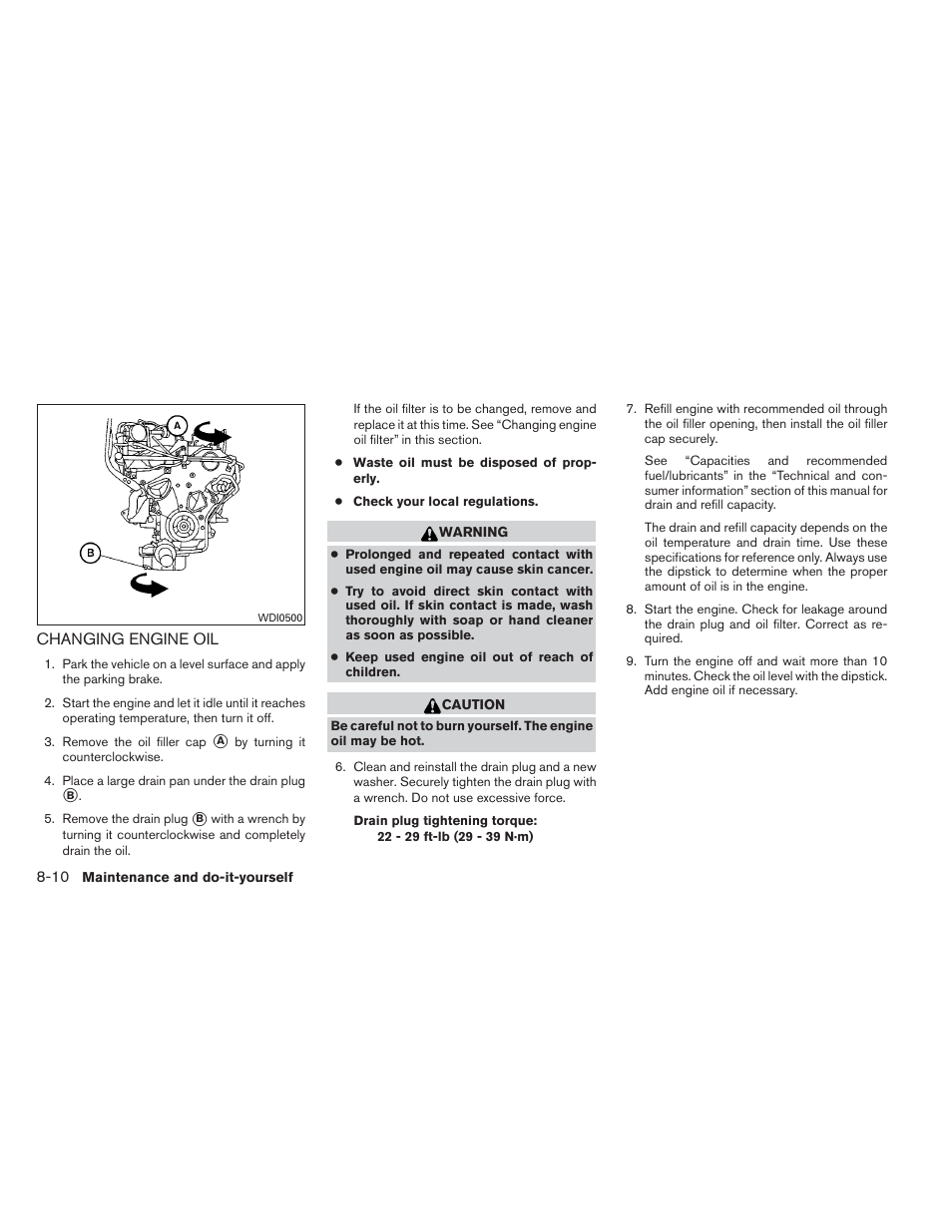 Changing engine oil -10 | NISSAN 2012 Xterra - Owner's Manual User Manual | Page 269 / 341