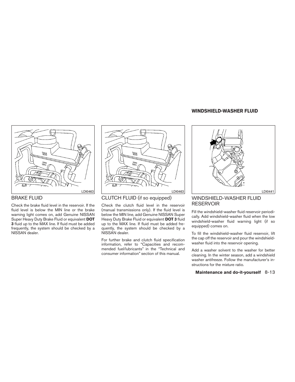 Brake fluid -13 clutch fluid (if so equipped) -13, Windshield-washer fluid -13, Windshield-washer fluid reservoir -13 | NISSAN 2012 Xterra - Owner's Manual User Manual | Page 272 / 341