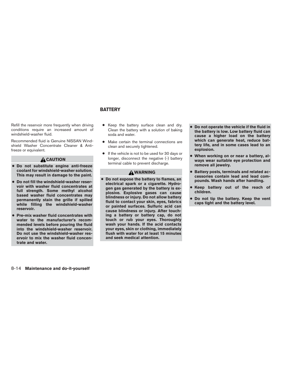 Battery -14 | NISSAN 2012 Xterra - Owner's Manual User Manual | Page 273 / 341