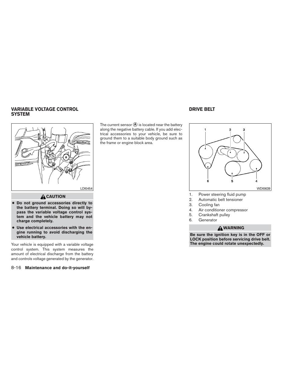 Variable voltage control system -16, Drive belt -16 | NISSAN 2012 Xterra - Owner's Manual User Manual | Page 275 / 341