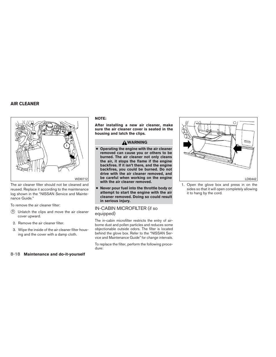 Air cleaner -18, In-cabin microfilter (if so equipped) -18 | NISSAN 2012 Xterra - Owner's Manual User Manual | Page 277 / 341