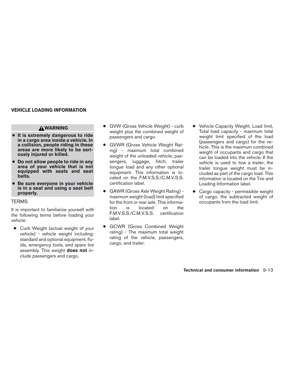 Vehicle loading information -13, Terms -13 | NISSAN 2012 Xterra - Owner's Manual User Manual | Page 314 / 341