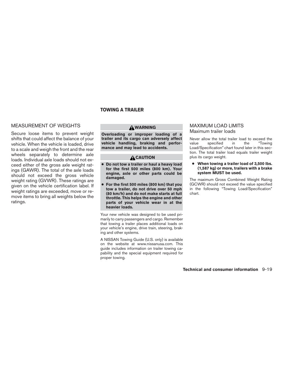 Measurement of weights -19, Towing a trailer -19, Maximum load limits -19 | NISSAN 2012 Xterra - Owner's Manual User Manual | Page 320 / 341