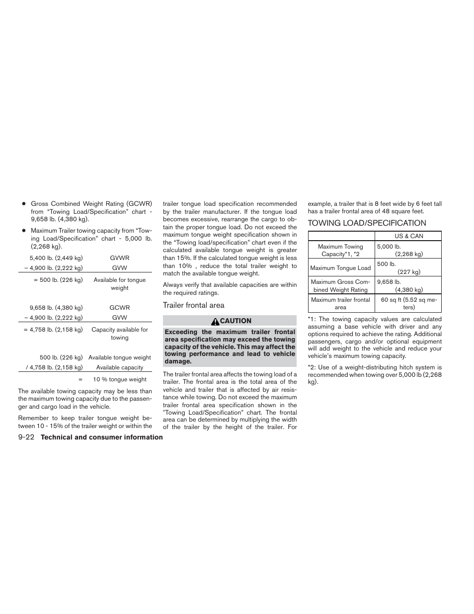 Towing load/specification -22, Trailer frontal area, Towing load/specification | NISSAN 2012 Xterra - Owner's Manual User Manual | Page 323 / 341