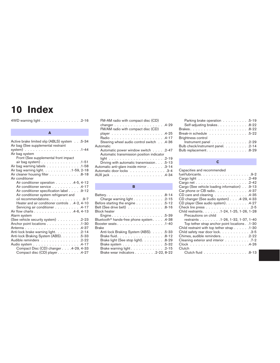 Index, 10 index | NISSAN 2012 Xterra - Owner's Manual User Manual | Page 334 / 341