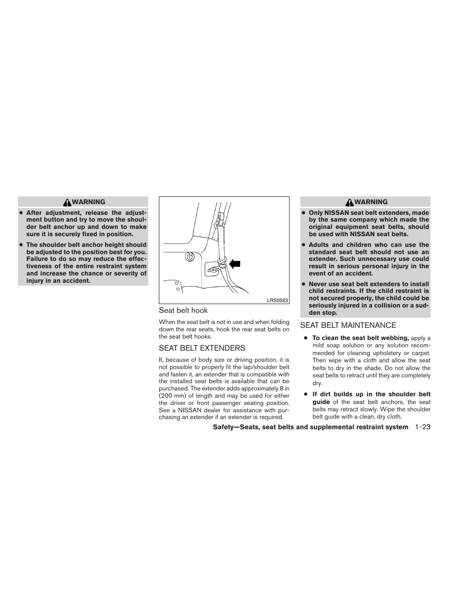 Seat belt extenders -23 seat belt maintenance -23 | NISSAN 2012 Xterra - Owner's Manual User Manual | Page 40 / 341