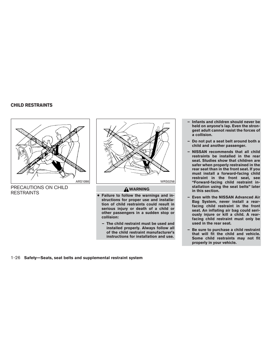 Child restraints -26, Precautions on child restraints -26 | NISSAN 2012 Xterra - Owner's Manual User Manual | Page 43 / 341