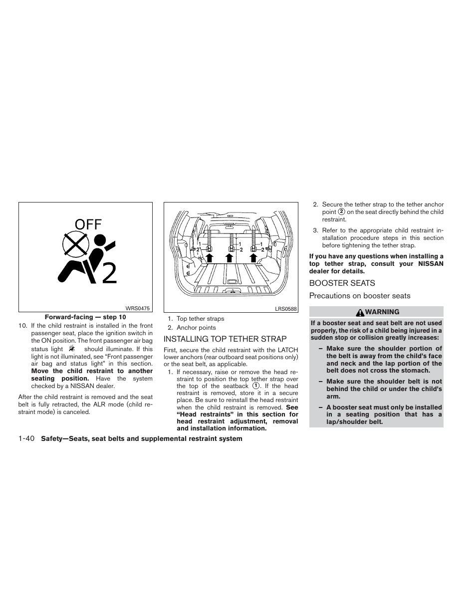 Installing top tether strap -40 booster seats -40 | NISSAN 2012 Xterra - Owner's Manual User Manual | Page 57 / 341