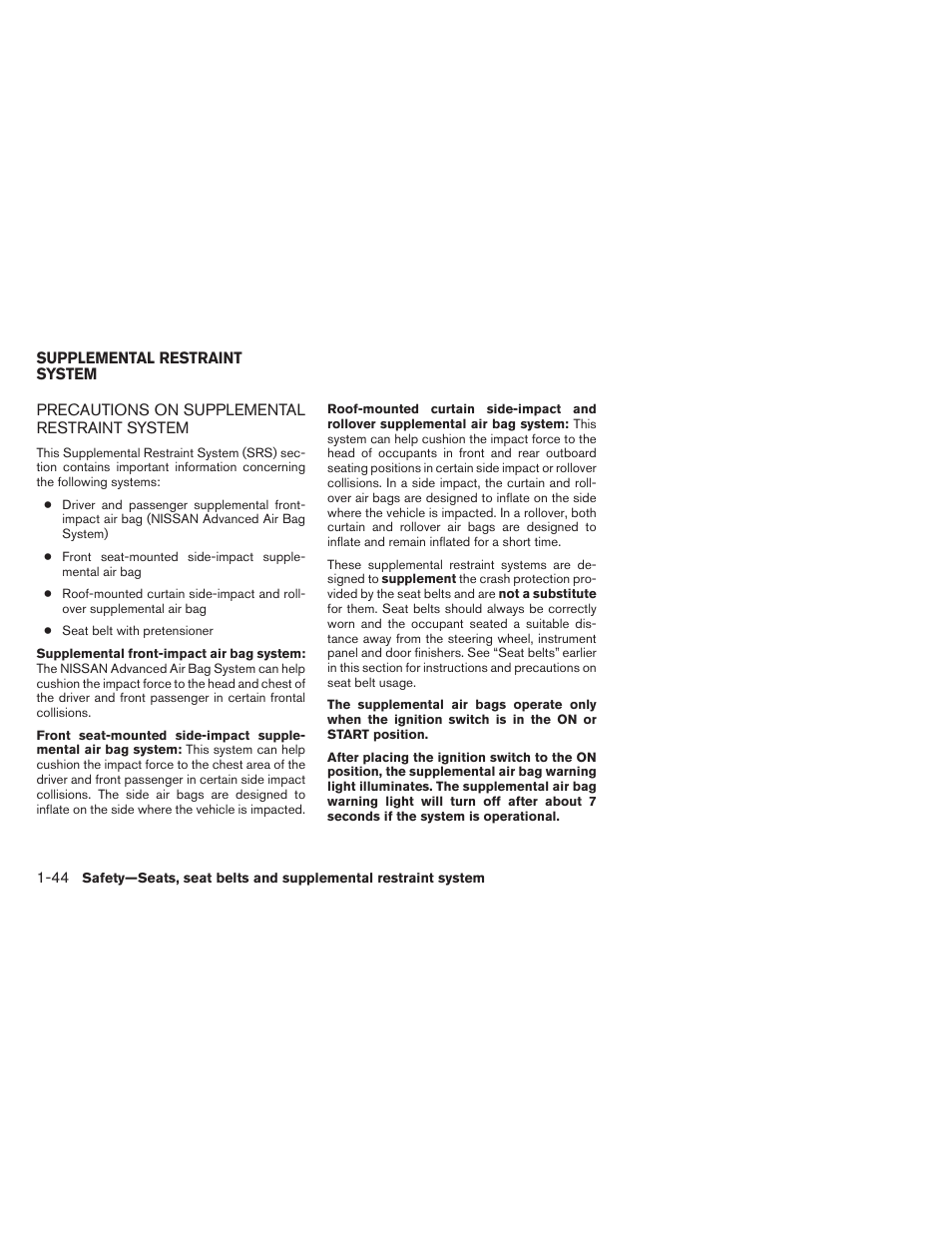 Supplemental restraint system -44, Precautions on supplemental restraint system -44 | NISSAN 2012 Xterra - Owner's Manual User Manual | Page 61 / 341