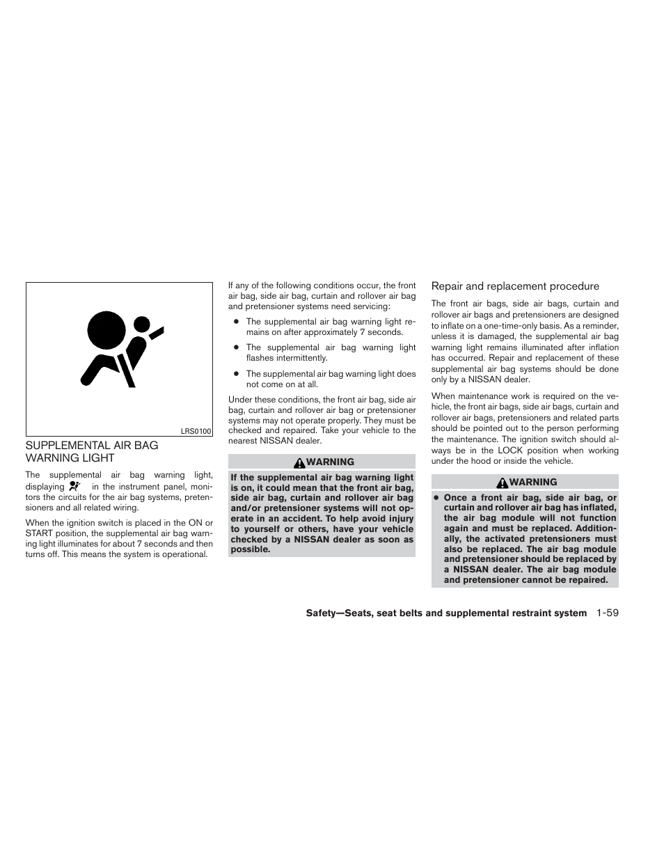 Supplemental air bag warning light -59 | NISSAN 2012 Xterra - Owner's Manual User Manual | Page 76 / 341