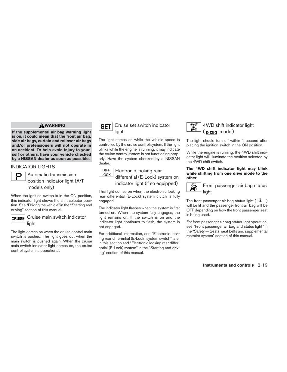 Indicator lights -19 | NISSAN 2012 Xterra - Owner's Manual User Manual | Page 98 / 341