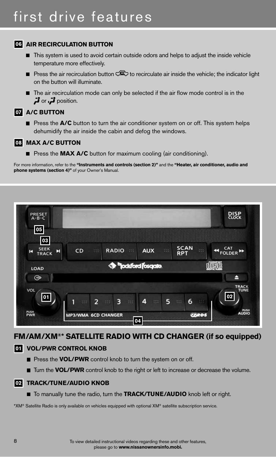 First drive features, Fm/am/xm, Satellite radio with cd changer (if so equipped) | NISSAN 2012 Xterra - Quick Reference Guide User Manual | Page 10 / 16