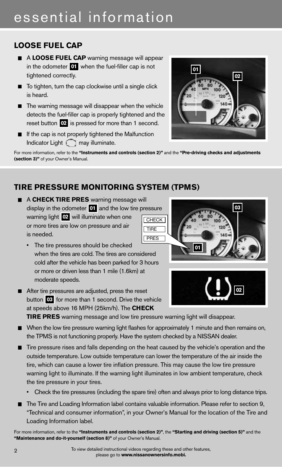 Essential information, Loose fuel cap, Tire pressure monitoring system (tpms) | NISSAN 2012 Xterra - Quick Reference Guide User Manual | Page 4 / 16