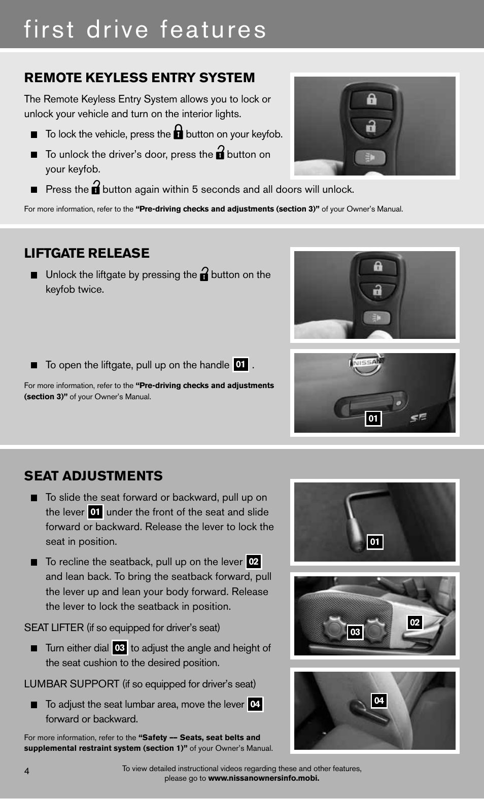 First drive features, Remote keyless entry system, Liftgate release | Seat adjustments | NISSAN 2012 Xterra - Quick Reference Guide User Manual | Page 6 / 16