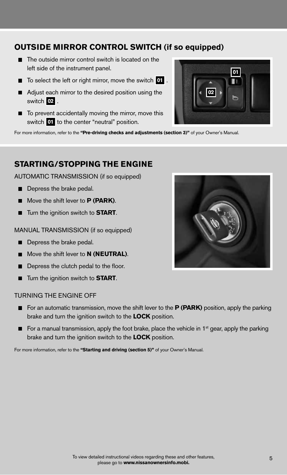 Starting/stopping the engine, Outside mirror control switch (if so equipped) | NISSAN 2012 Xterra - Quick Reference Guide User Manual | Page 7 / 16