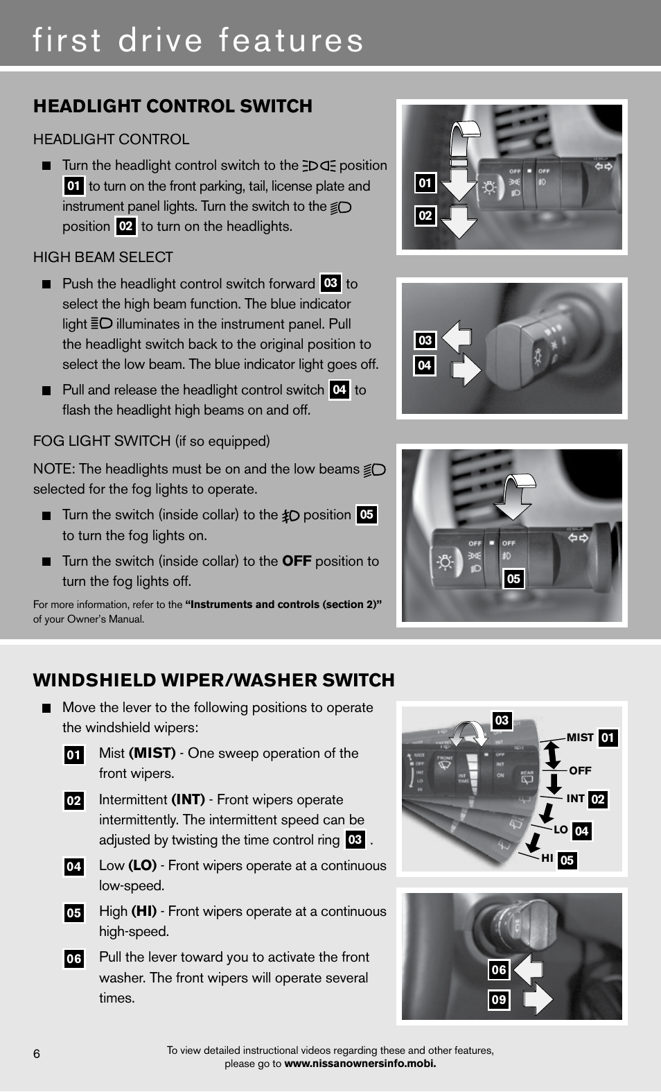 First drive features, Headlight control switch, Windshield wiper/washer switch | NISSAN 2012 Xterra - Quick Reference Guide User Manual | Page 8 / 16