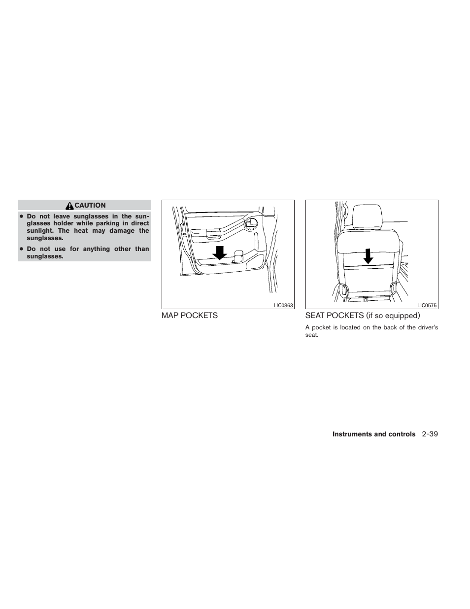 Map pockets -39, Seat pockets (if so equipped) -39 | NISSAN 2013 Xterra - Owner's Manual User Manual | Page 116 / 394
