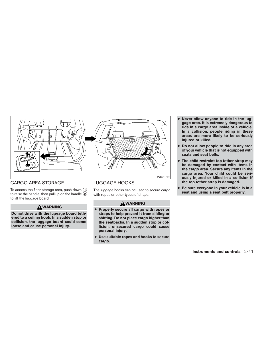 Cargo area storage -41 luggage hooks -41 | NISSAN 2013 Xterra - Owner's Manual User Manual | Page 118 / 394