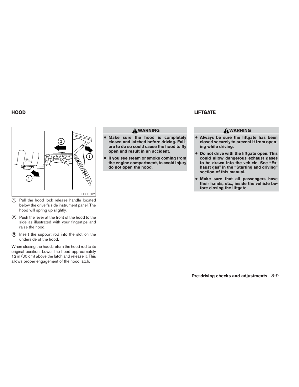 Hood -9 liftgate -9 | NISSAN 2013 Xterra - Owner's Manual User Manual | Page 136 / 394