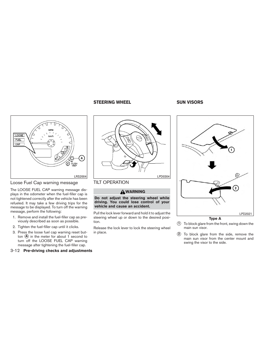 Steering wheel -12, Tilt operation -12, Sun visors -12 | NISSAN 2013 Xterra - Owner's Manual User Manual | Page 139 / 394