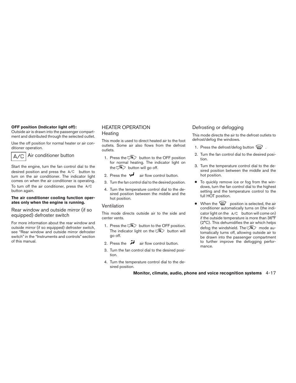 Heater operation -17 | NISSAN 2013 Xterra - Owner's Manual User Manual | Page 162 / 394