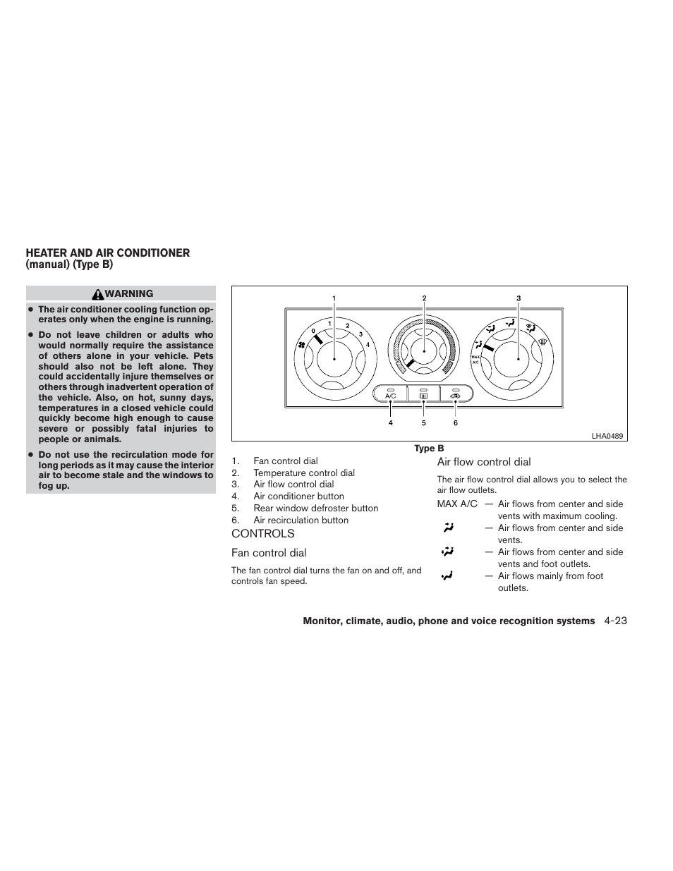 Heater and air conditioner (manual) (type b) -23, Controls -23 | NISSAN 2013 Xterra - Owner's Manual User Manual | Page 168 / 394