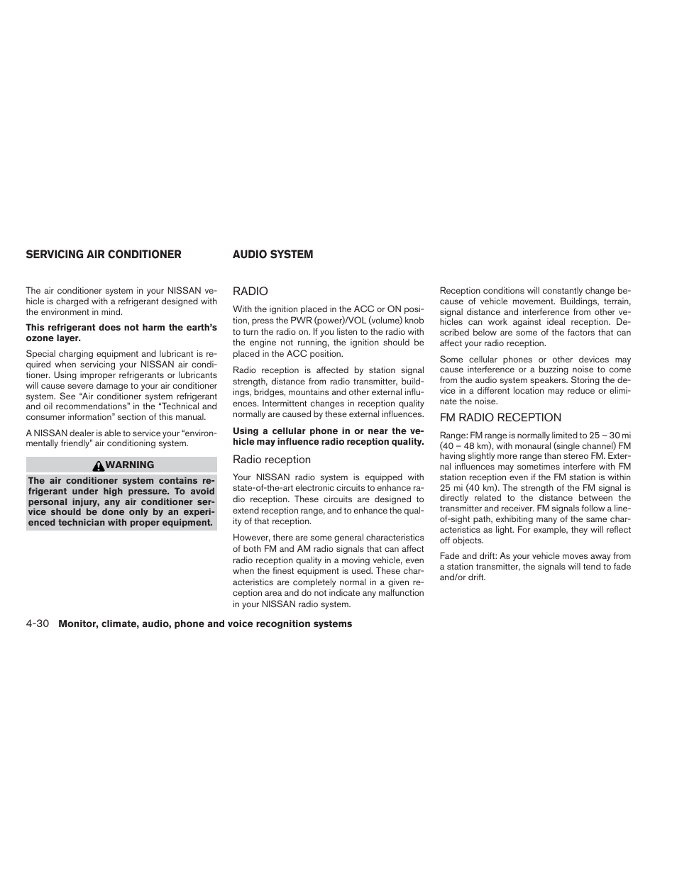 Servicing air conditioner -30 audio system -30, Radio -30 fm radio reception -30 | NISSAN 2013 Xterra - Owner's Manual User Manual | Page 175 / 394