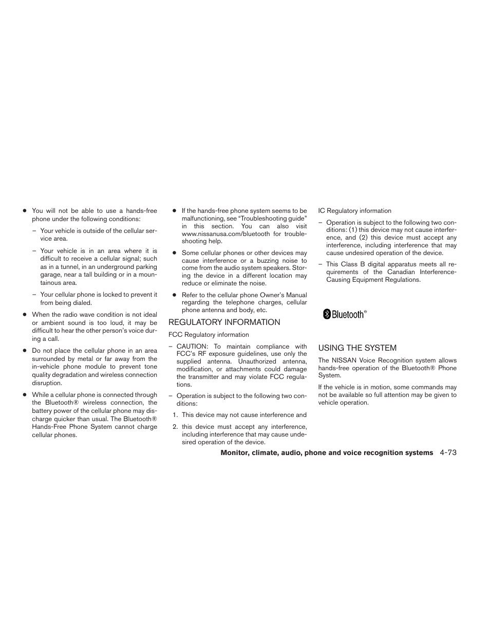 Regulatory information -73 using the system -73 | NISSAN 2013 Xterra - Owner's Manual User Manual | Page 218 / 394