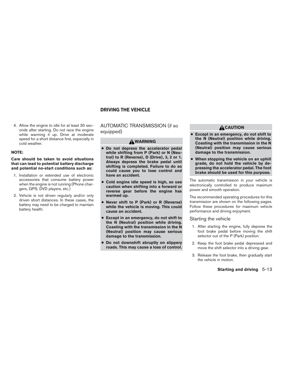 Driving the vehicle -13, Automatic transmission (if so equipped) -13 | NISSAN 2013 Xterra - Owner's Manual User Manual | Page 260 / 394