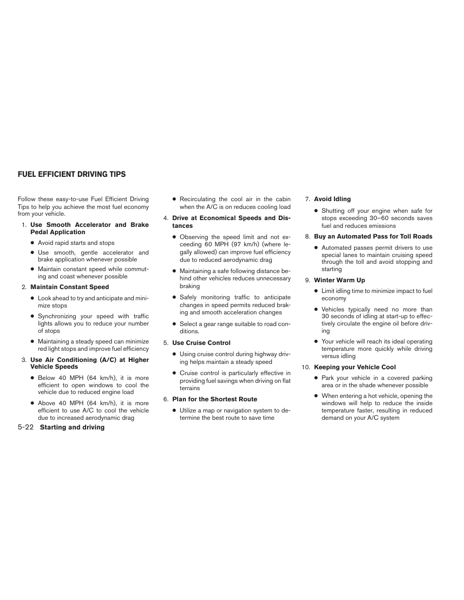 Fuel efficient driving tips -22 | NISSAN 2013 Xterra - Owner's Manual User Manual | Page 269 / 394