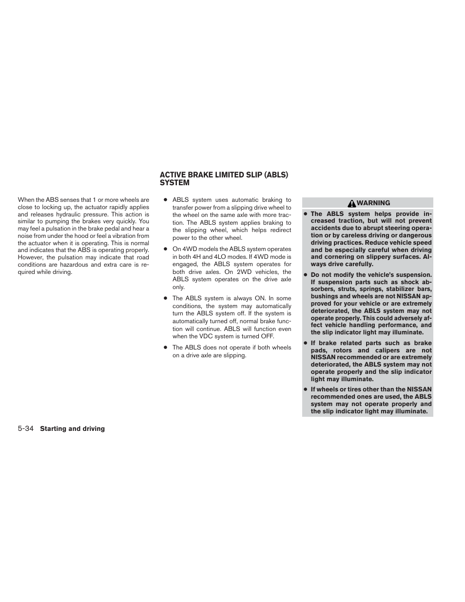 Active brake limited slip (abls) system -34 | NISSAN 2013 Xterra - Owner's Manual User Manual | Page 281 / 394