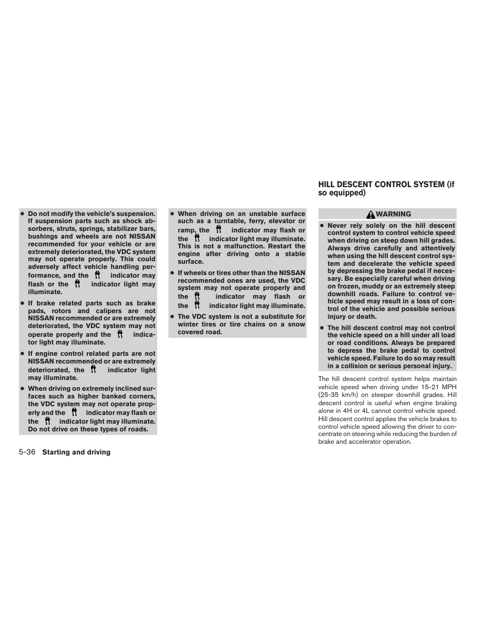 Hill descent control system (if so equipped) -36 | NISSAN 2013 Xterra - Owner's Manual User Manual | Page 283 / 394