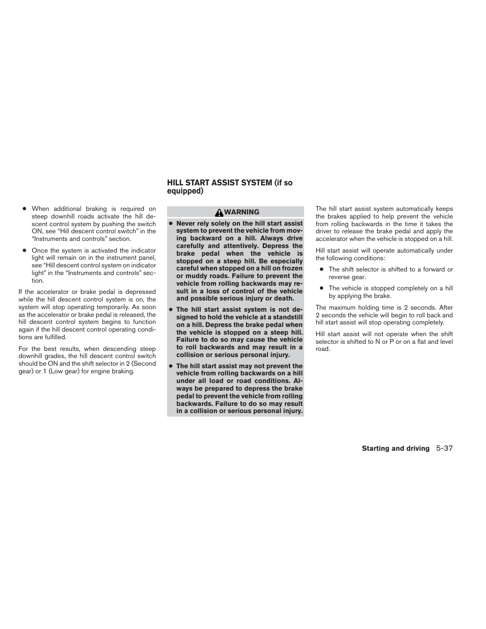 Hill start assist system (if so equipped) -37 | NISSAN 2013 Xterra - Owner's Manual User Manual | Page 284 / 394