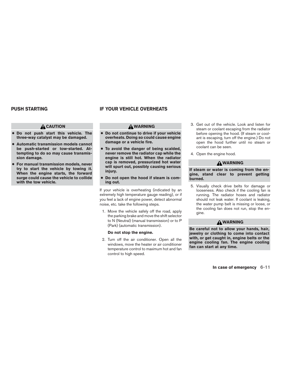 Push starting -11 if your vehicle overheats -11 | NISSAN 2013 Xterra - Owner's Manual User Manual | Page 298 / 394