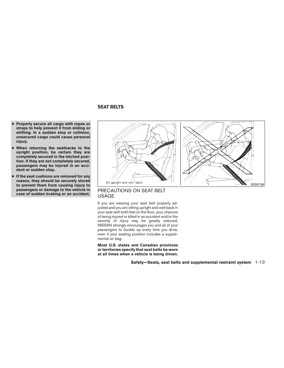 Seat belts -13, Precautions on seat belt usage -13 | NISSAN 2013 Xterra - Owner's Manual User Manual | Page 30 / 394