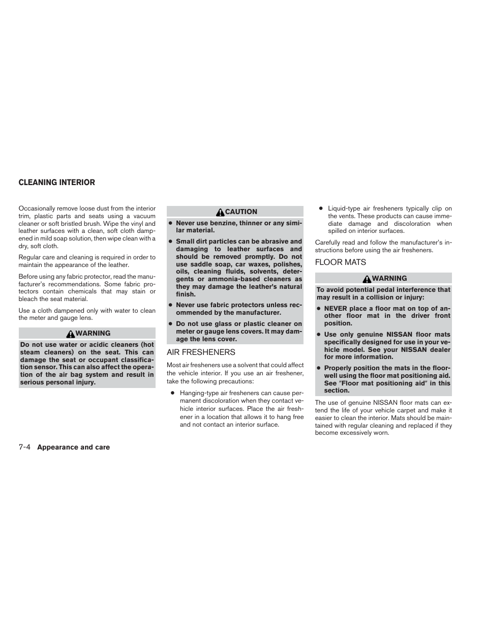 Cleaning interior -4, Air fresheners -4 floor mats -4 | NISSAN 2013 Xterra - Owner's Manual User Manual | Page 307 / 394