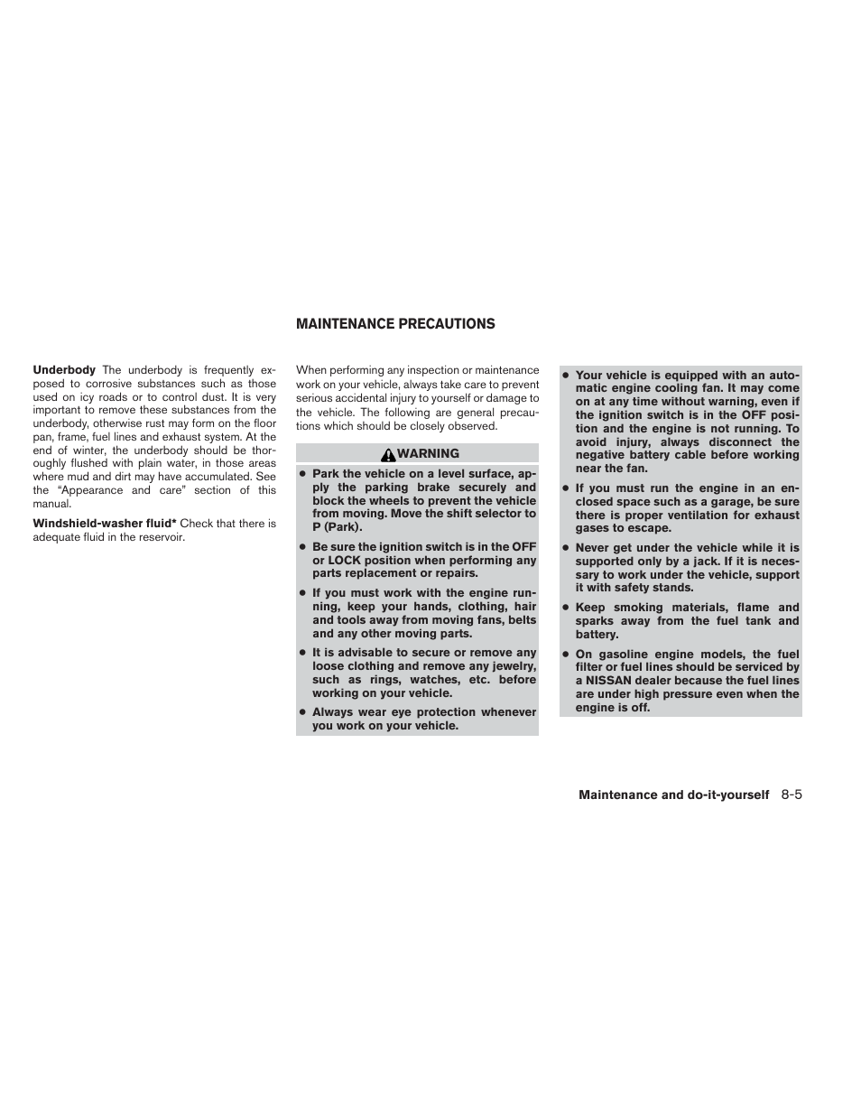 Maintenance precautions -5 | NISSAN 2013 Xterra - Owner's Manual User Manual | Page 314 / 394