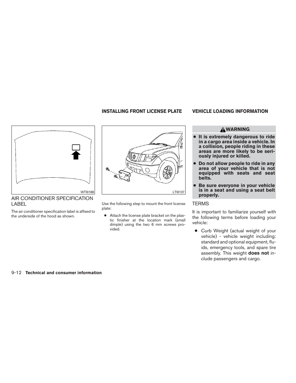 Air conditioner specification label -12, Installing front license plate -12, Vehicle loading information -12 | Terms -12 | NISSAN 2013 Xterra - Owner's Manual User Manual | Page 365 / 394