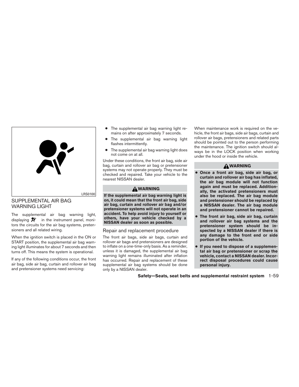 Supplemental air bag warning light -59 | NISSAN 2013 Xterra - Owner's Manual User Manual | Page 76 / 394