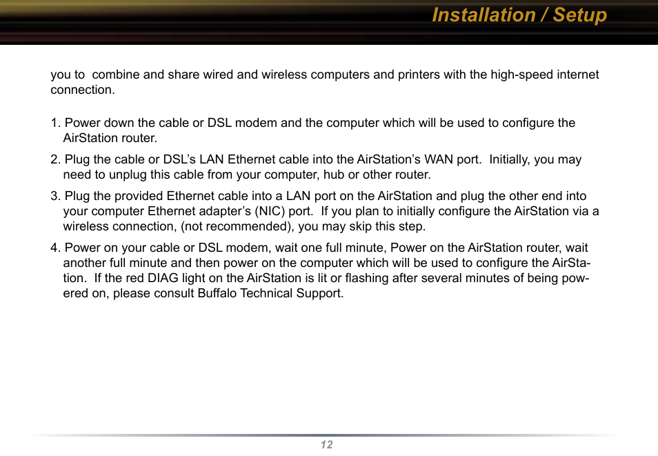 Installation / setup | Buffalo Technology WBR2-G54 User Manual | Page 12 / 95