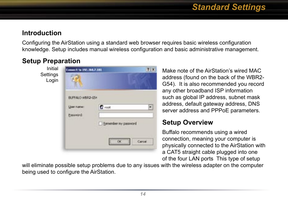 Standard settings | Buffalo Technology WBR2-G54 User Manual | Page 14 / 95