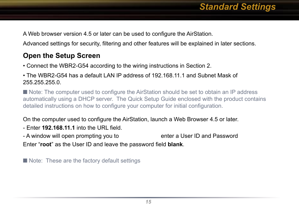 Standard settings | Buffalo Technology WBR2-G54 User Manual | Page 15 / 95