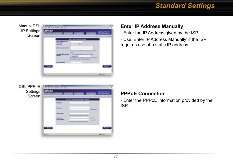 Standard settings | Buffalo Technology WBR2-G54 User Manual | Page 17 / 95