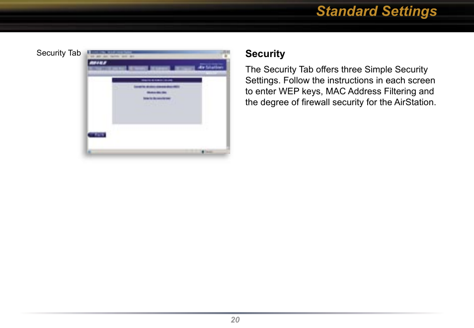 Standard settings | Buffalo Technology WBR2-G54 User Manual | Page 20 / 95