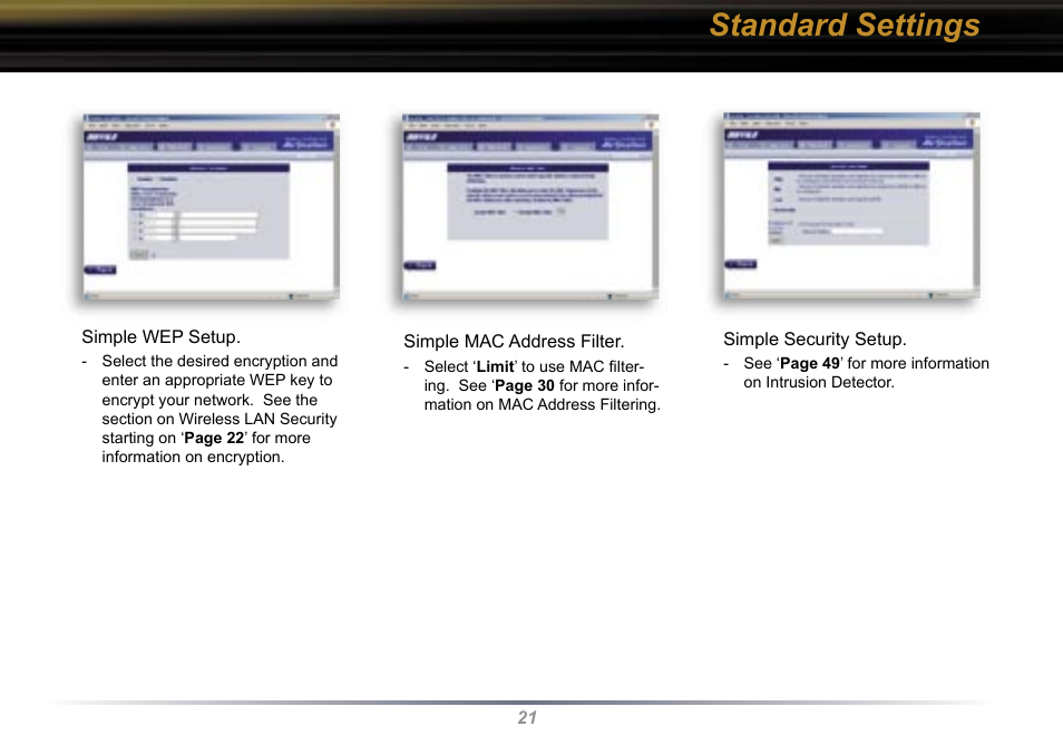 Standard settings | Buffalo Technology WBR2-G54 User Manual | Page 21 / 95