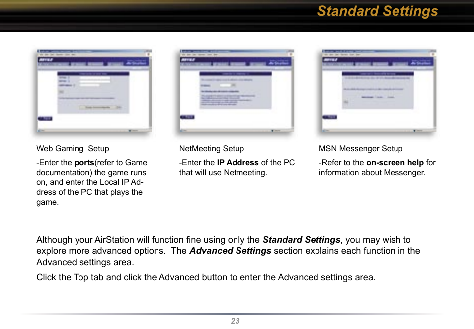 Standard settings | Buffalo Technology WBR2-G54 User Manual | Page 23 / 95