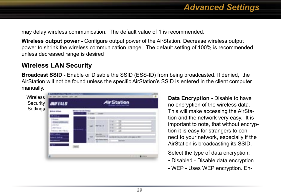 Advanced settings, Wireless lan security | Buffalo Technology WBR2-G54 User Manual | Page 29 / 95