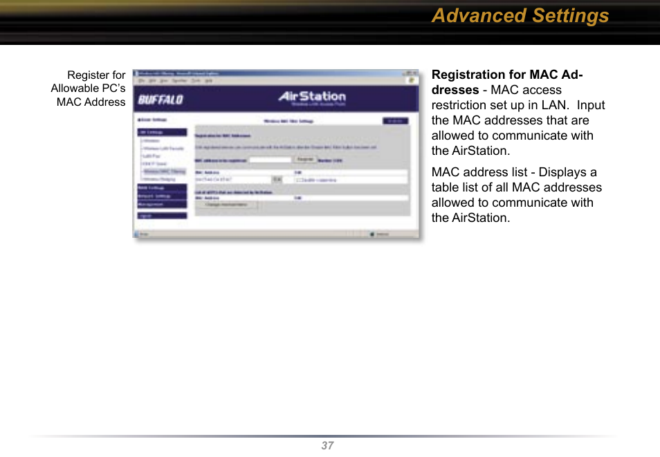 Advanced settings | Buffalo Technology WBR2-G54 User Manual | Page 37 / 95