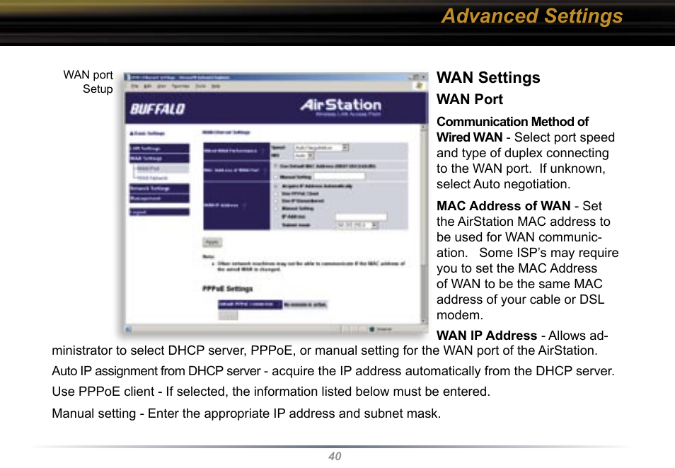 Advanced settings, Wan settings | Buffalo Technology WBR2-G54 User Manual | Page 40 / 95